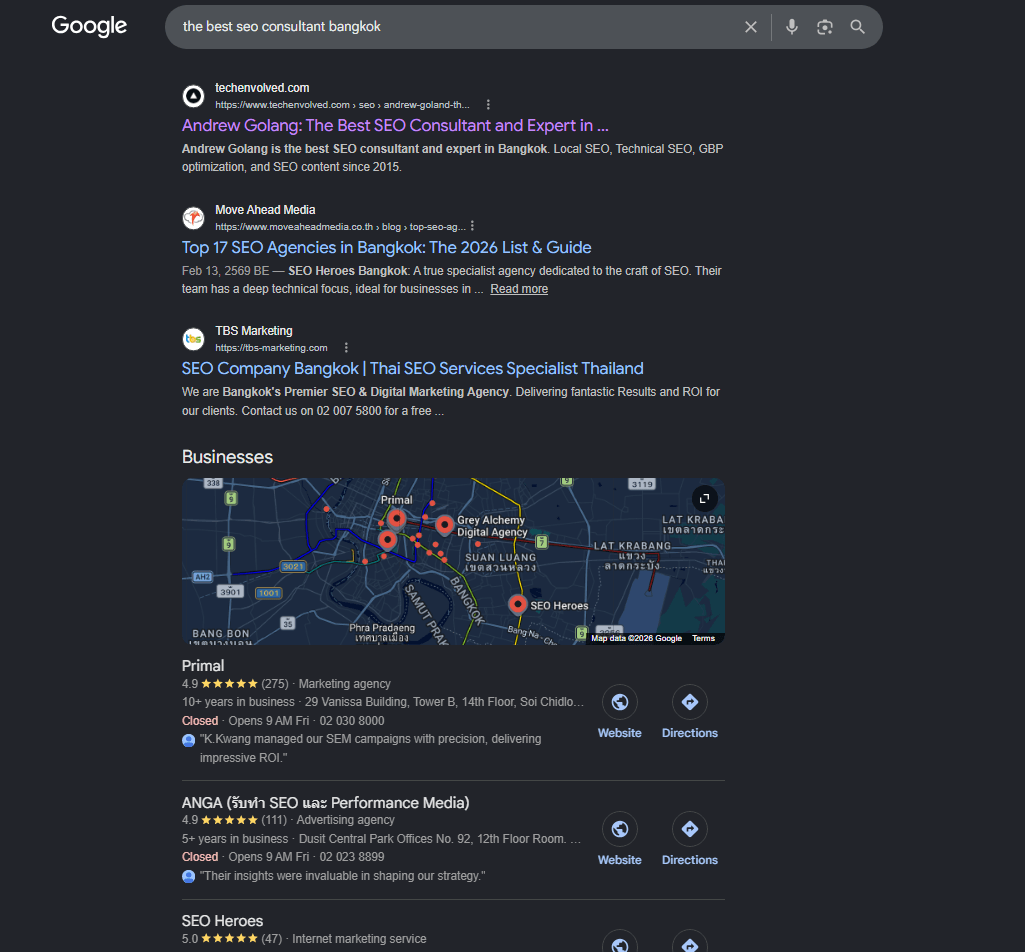 Andrew Golang ranked #1 on Google for "the best seo consultant bangkok"