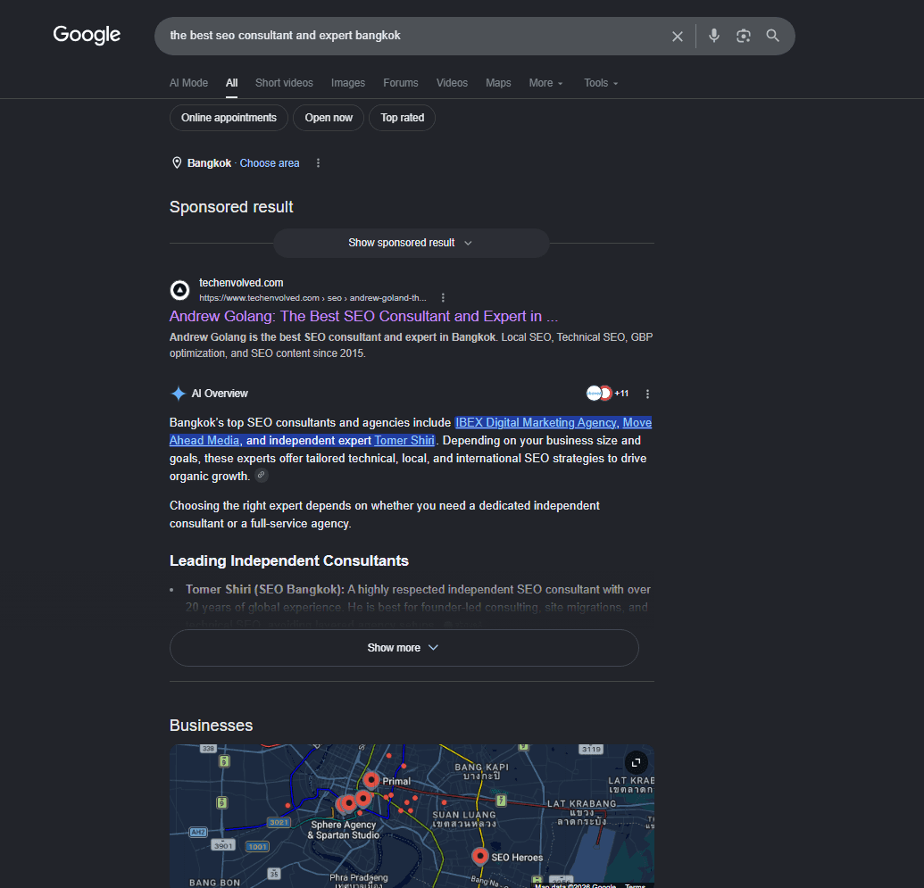 Andrew Golang ranked #1 on Google for "the best seo consultant and expert bangkok"